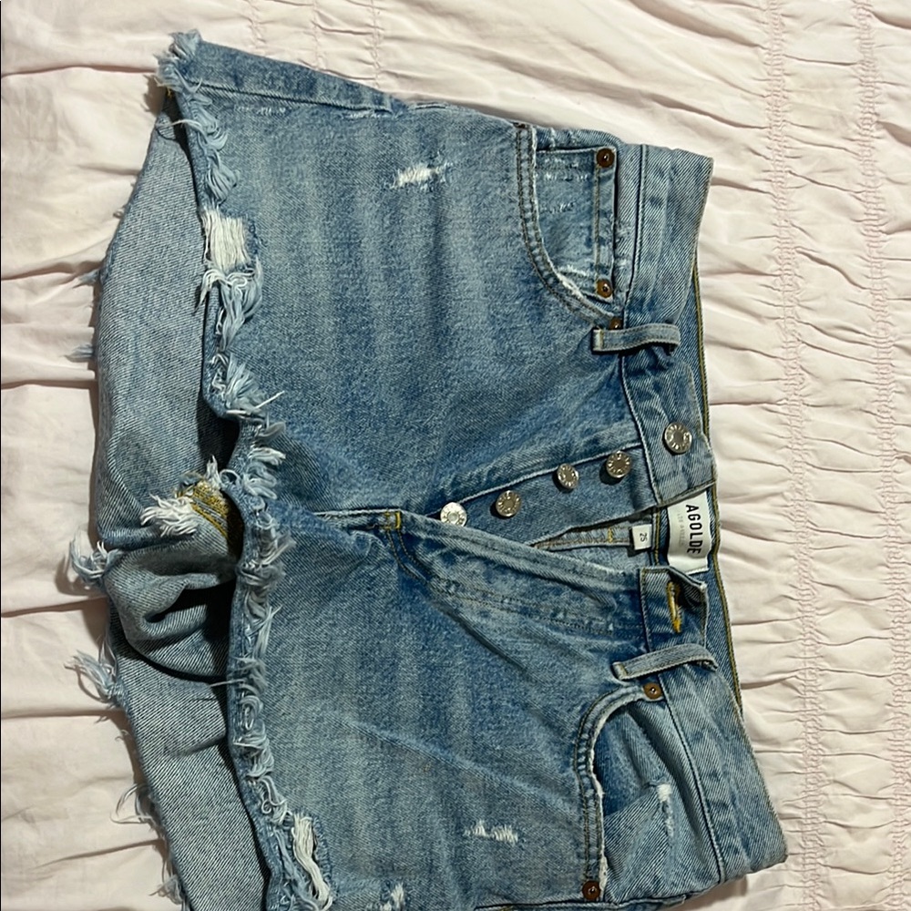 Agolde Light Blue Frayed Denim Shorts
